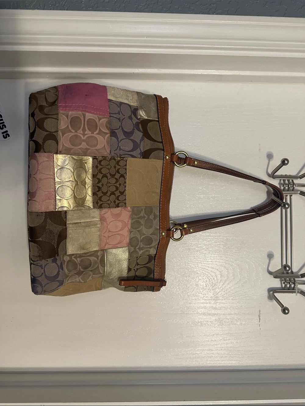 Coach Patchwork Signature Tote in Pink, Brown and Gold Metallic Accents